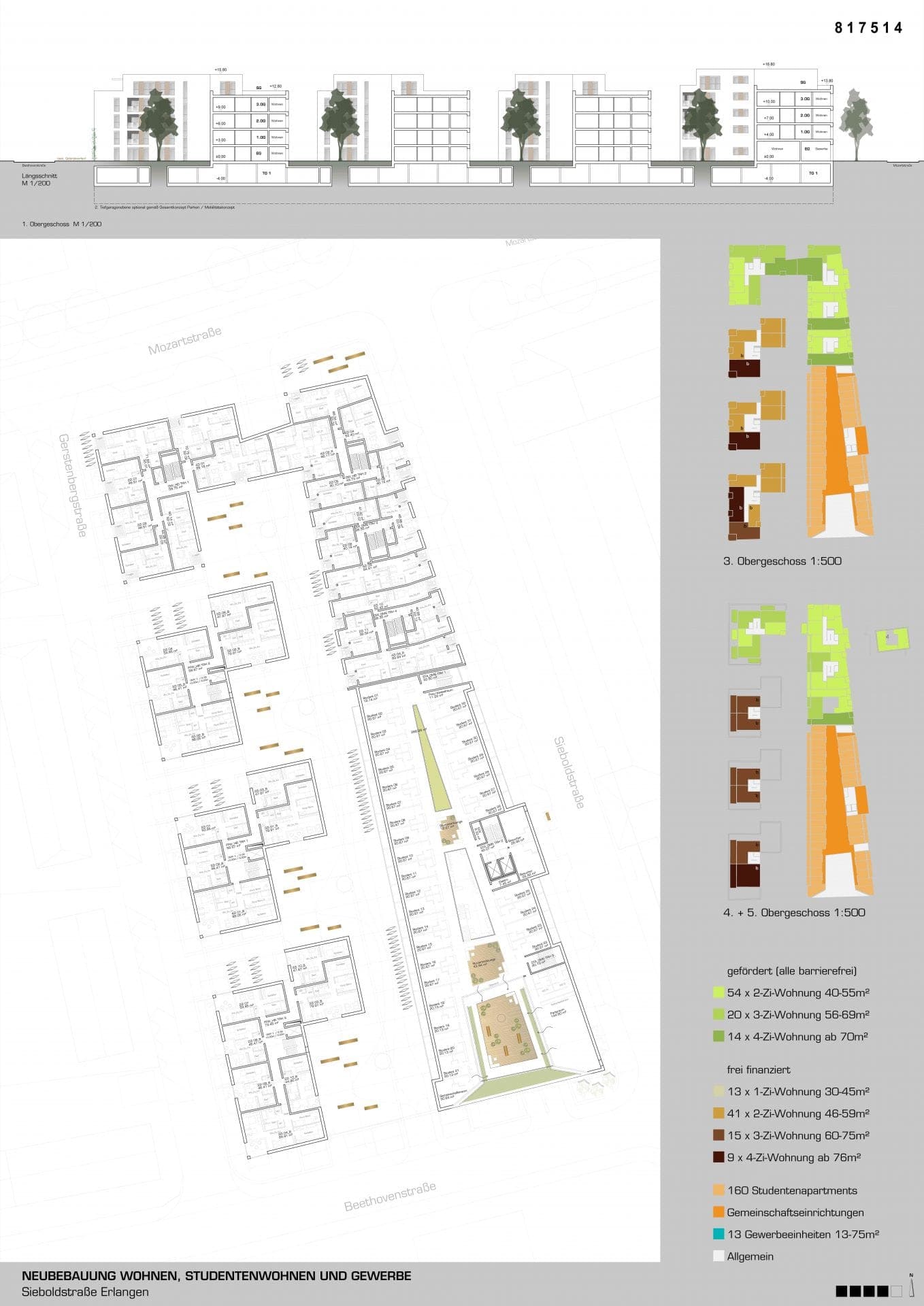 Competition panel with longitudinal section, first floor plan and diagrams of the dwelling types on each storey