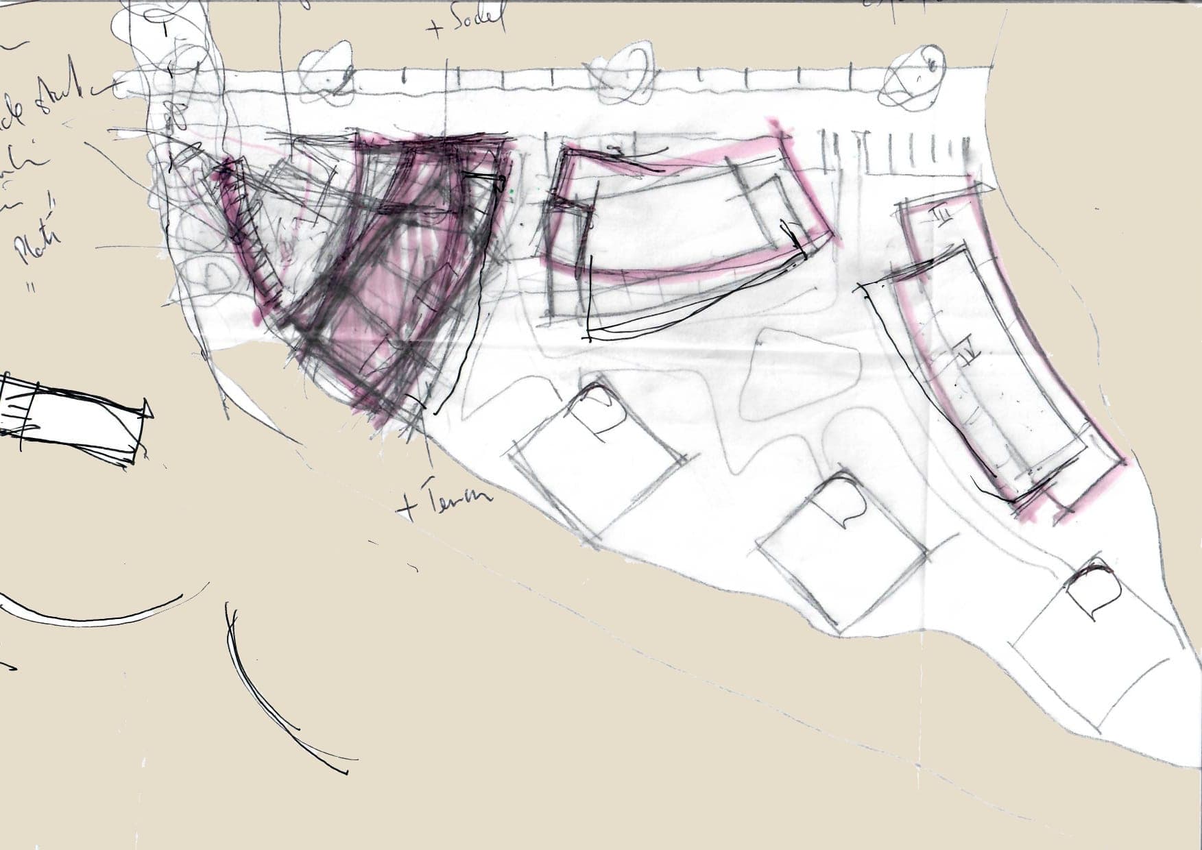 Hand-drawn site sketch with curved residential blocks, three urban villas and notes on plinth and terrain