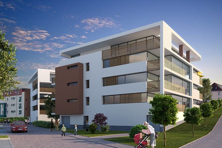 Visualisation of a white residential building with a brown wall panel, timber louvres and passers-by