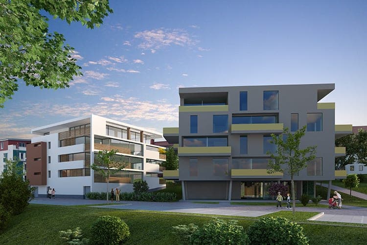 Visualisation of two residential buildings, one grey with yellow balcony bands, with figures in front