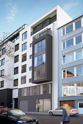 Apartment and commercial building on Flaschenhofstraße in Nuremberg, visualisation of the street façade with bay