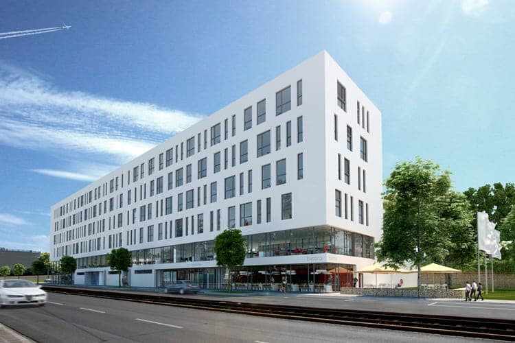 Bürogebäude B60 an der Bahnhofstraße in Nürnberg, Visualisierung von der Straße mit verglaster Sockelzone