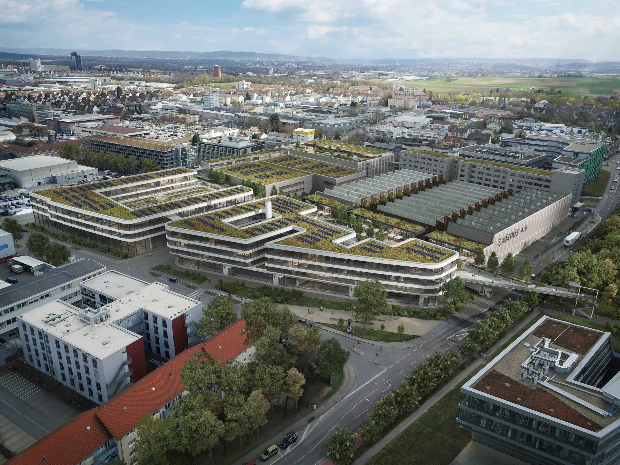 Campus for research, development and light industrial for Inbright in Ludwigsburg, aerial visualisation