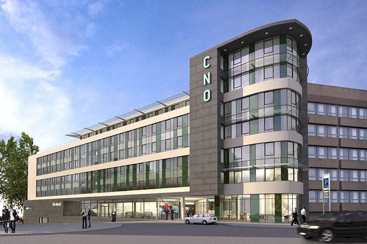 Büro- und Geschäftshaus Campus Nürnberg Ost, Visualisierung der runden Gebäudeecke mit Läden im Erdgeschoss