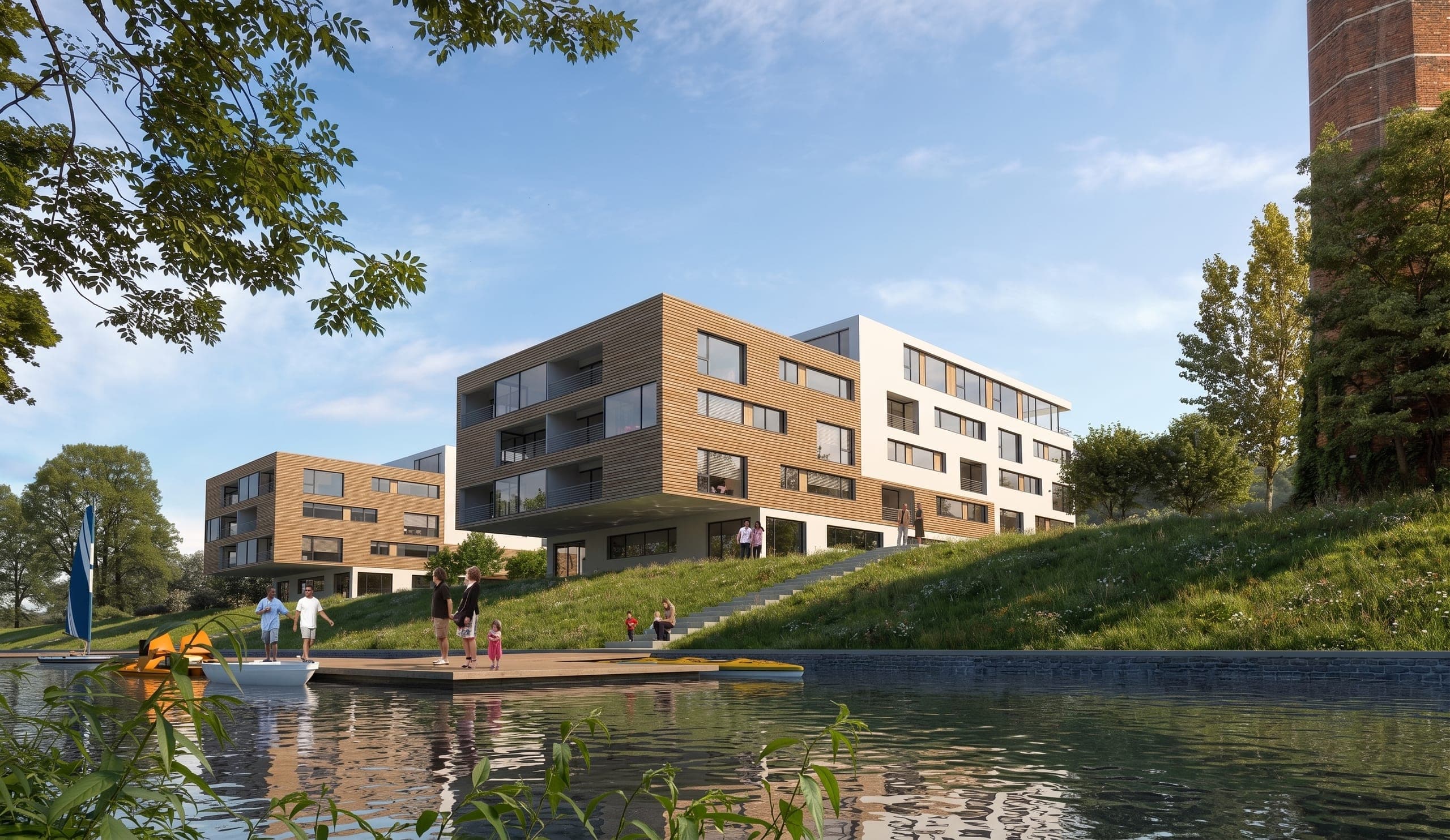 Wohnensemble auf der Erbainsel in Bamberg, Visualisierung vom Wasser aus mit Steg und begrüntem Uferhang