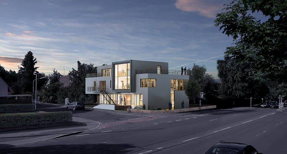 F-LUMEN³ office building in Nuremberg, visualisation from the street at dusk