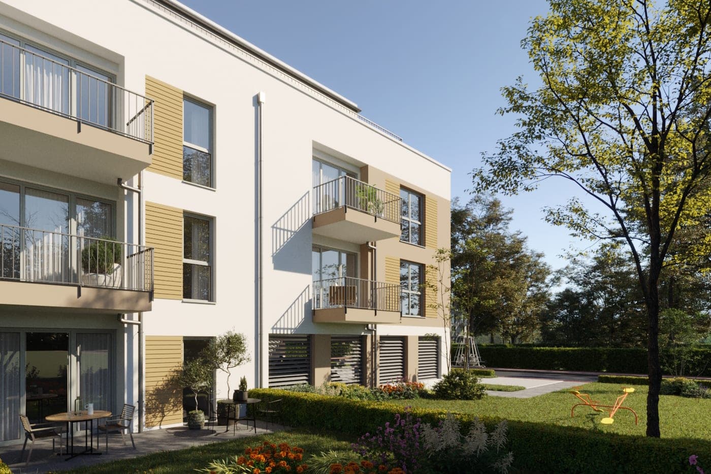 Apartment building House 21 in Herzogenaurach, visualisation of the garden side with balconies and timber sliding shutters
