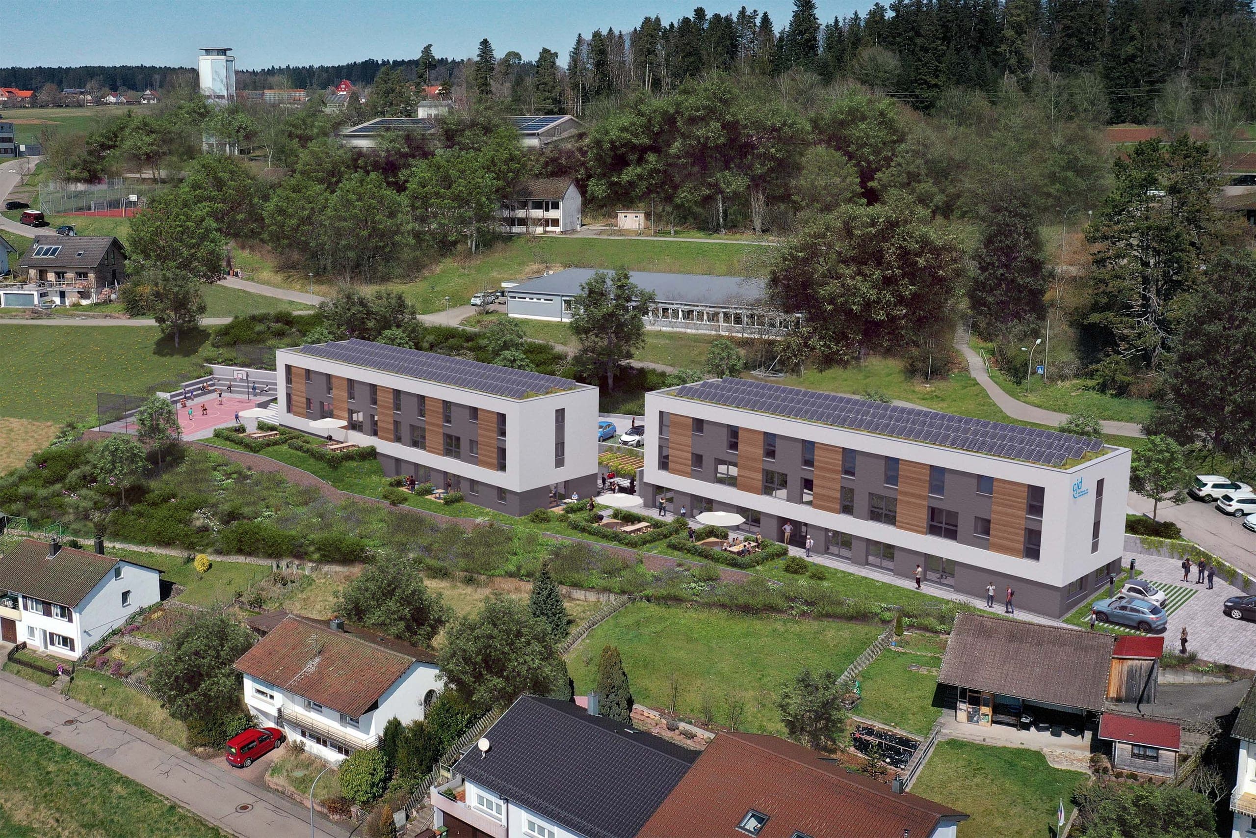 Youth welfare facility for CJD in Altensteig, aerial visualisation of the two blocks with photovoltaics on the roof