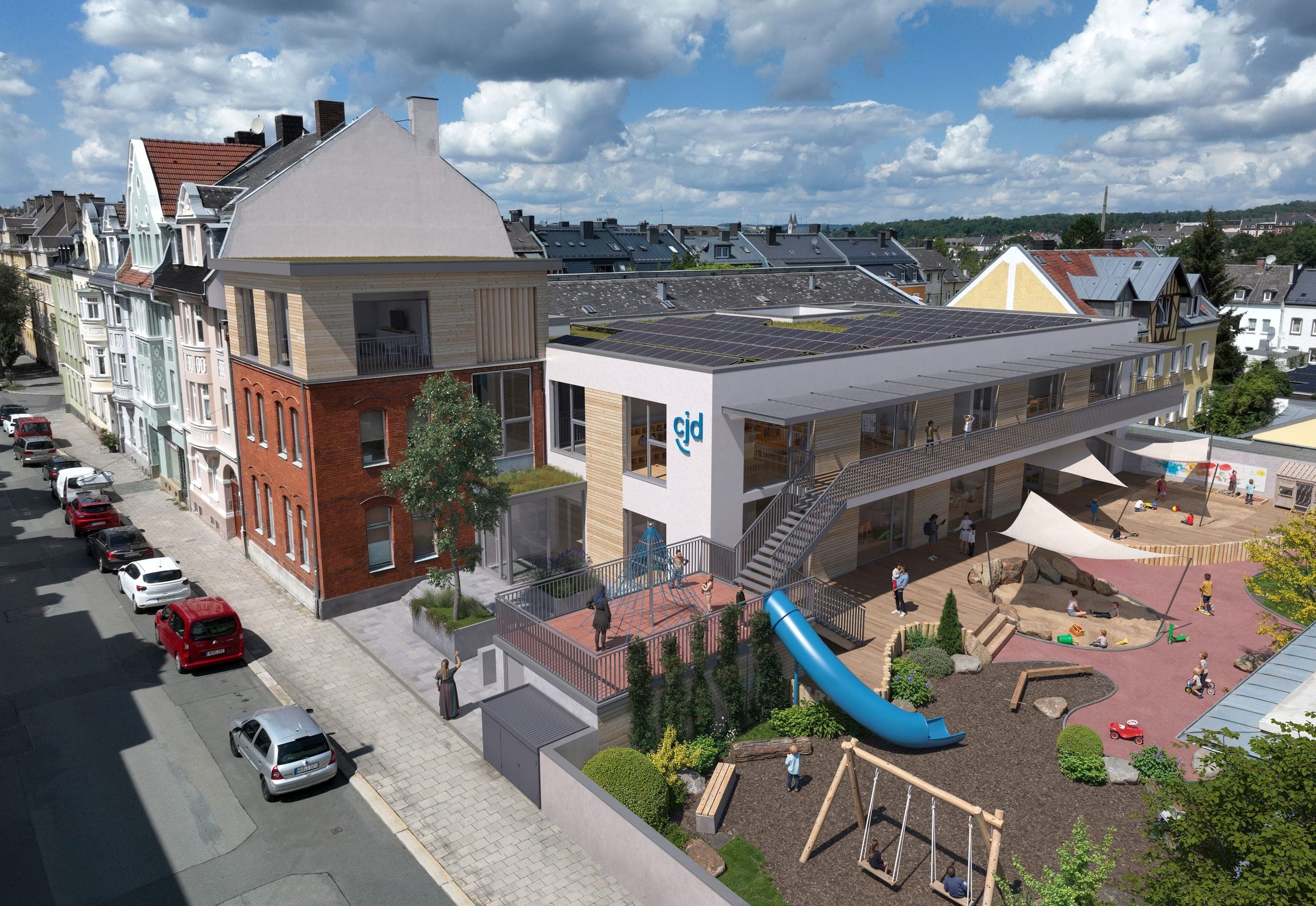 Inclusive day nursery for CJD in Hof, visualisation with the existing brick building, timber façade and play garden