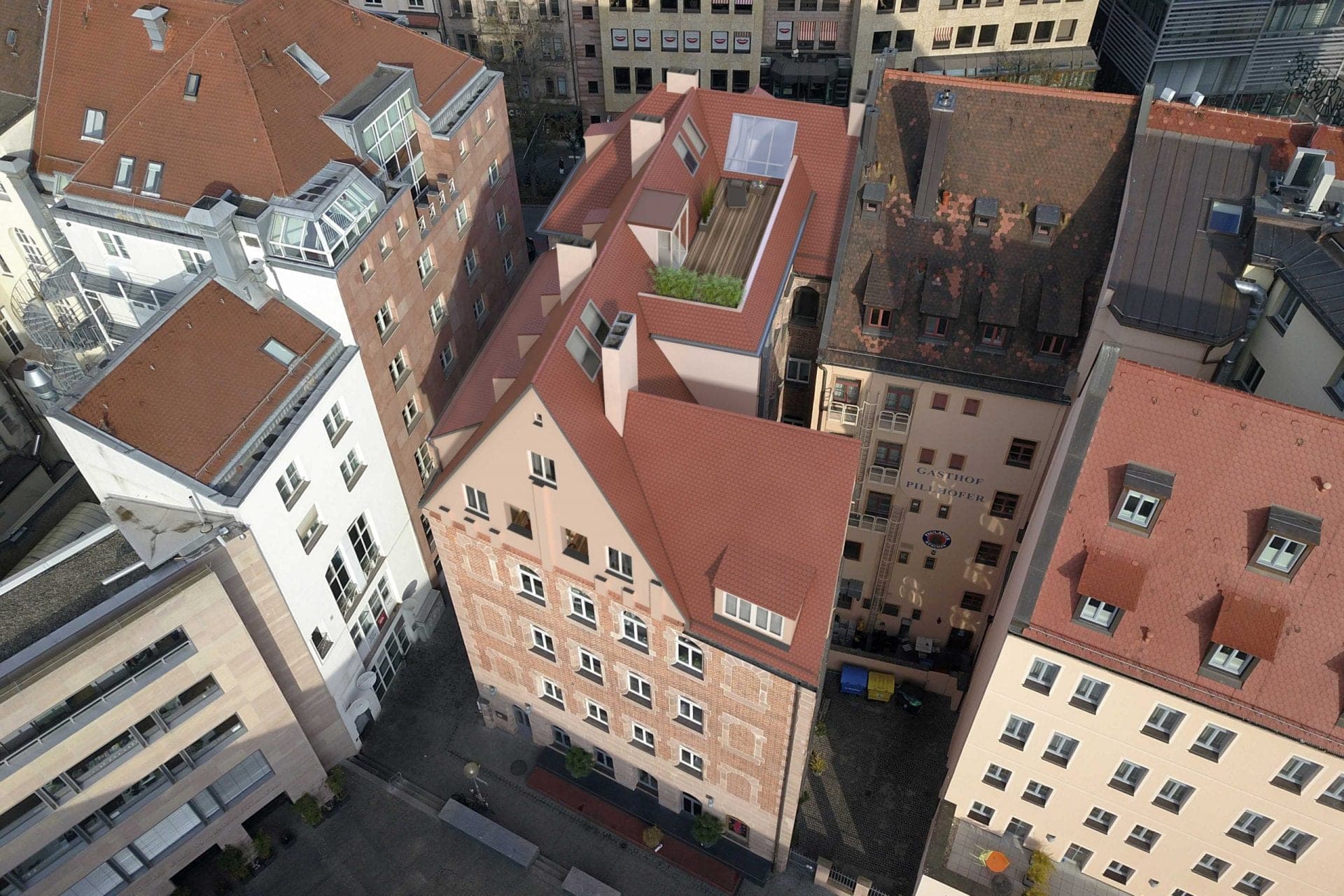 Historic residential and commercial building on Königstraße in Nuremberg, aerial view of the new roof terrace