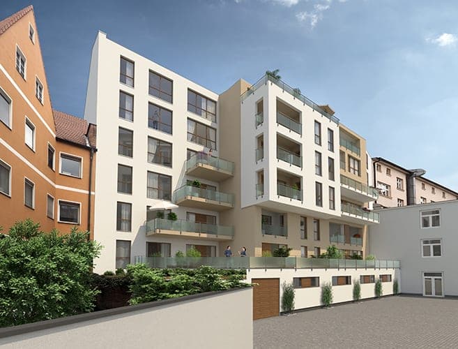 Loft Living Steinstraße residential building in Nuremberg, visualisation with glazed balconies beside the older neighbour