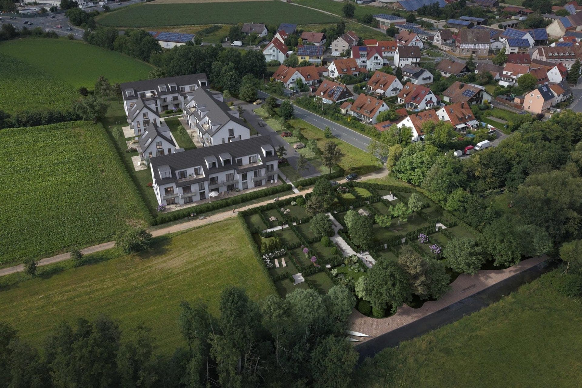 Residential complex in Fürth, aerial visualisation of the pitched-roof buildings and adjoining allotment gardens