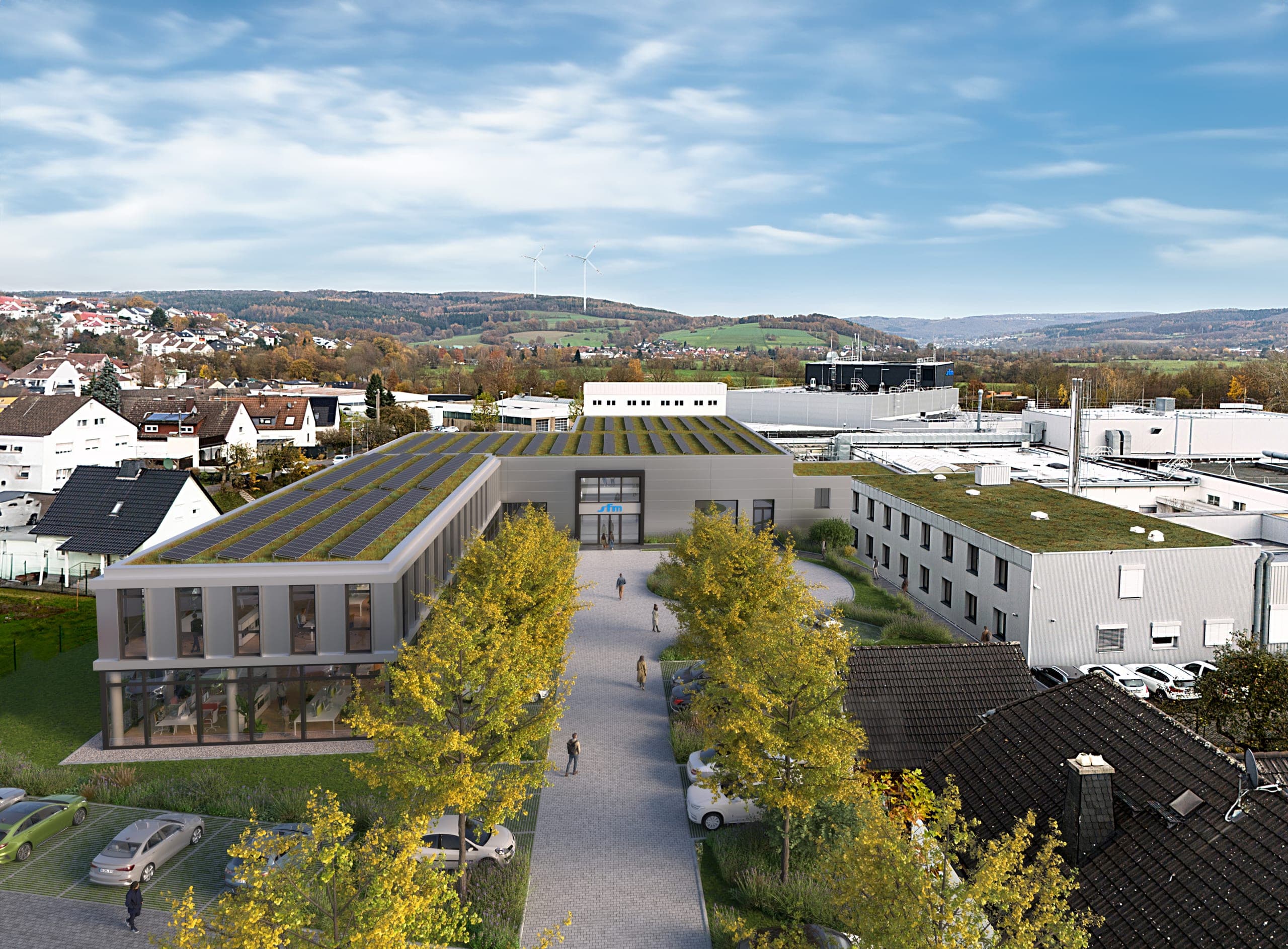Office and reception building for SFM Medical Devices in Wächtersbach near Frankfurt, bird's-eye visualisation