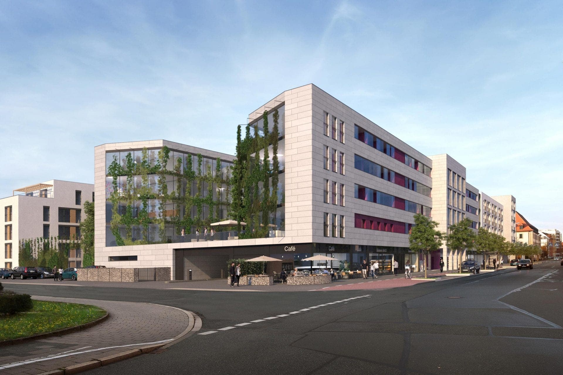 Sieboldstraße residential complex in Erlangen, visualisation of the street corner with a planted glass façade and café